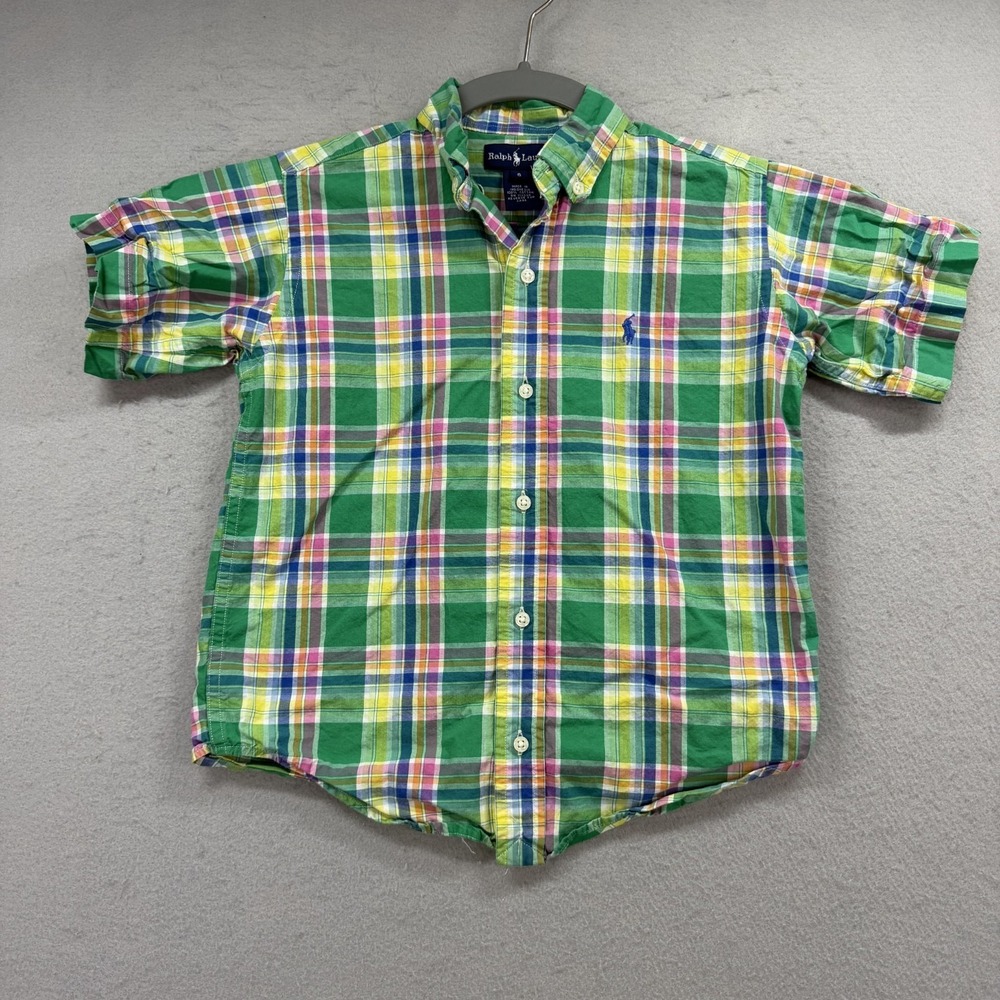 Polo Ralph Lauren Kids Green Yellow Plaid Check Button Up Short Sleeve Boys 6